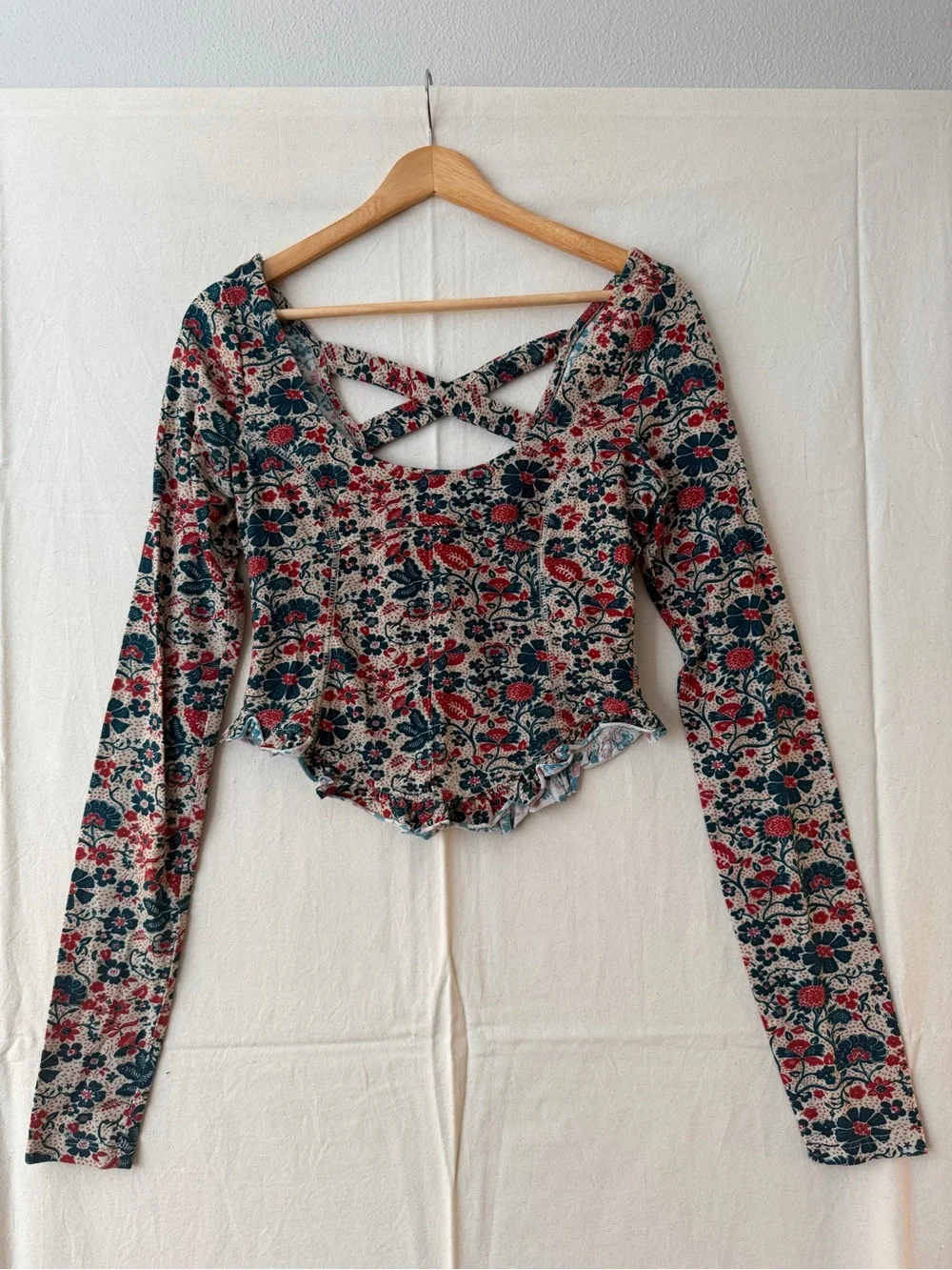 Free People Floral Long Sleeve Crisscross Crop Top - Red, Blue & Cream